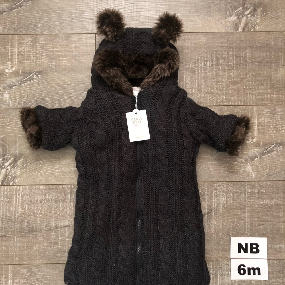 Restoration Hardware Baby Cable Knit and Faux Fur Baby Bunting